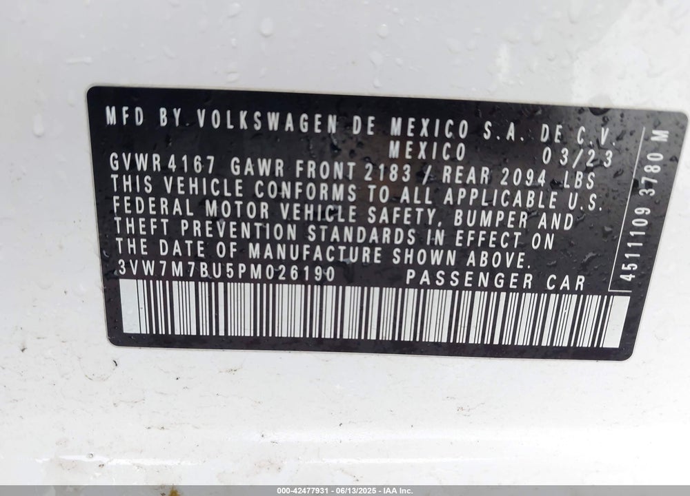 2023 VOLKSWAGEN JETTA VIN: 3VW7M7BU5PM026190