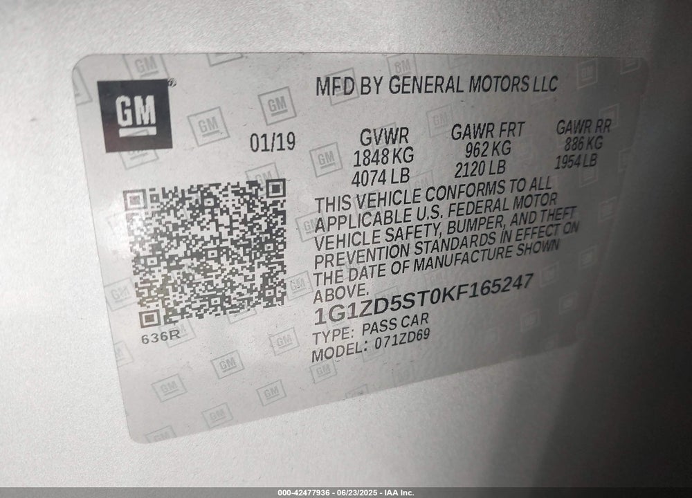 2019 CHEVROLET MALIBU VIN: 1G1ZD5ST0KF165247