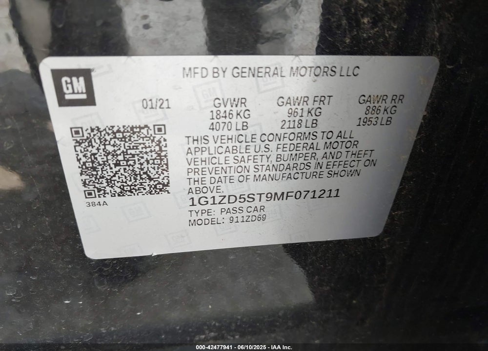 2021 CHEVROLET MALIBU VIN: 1G1ZD5ST9MF071211