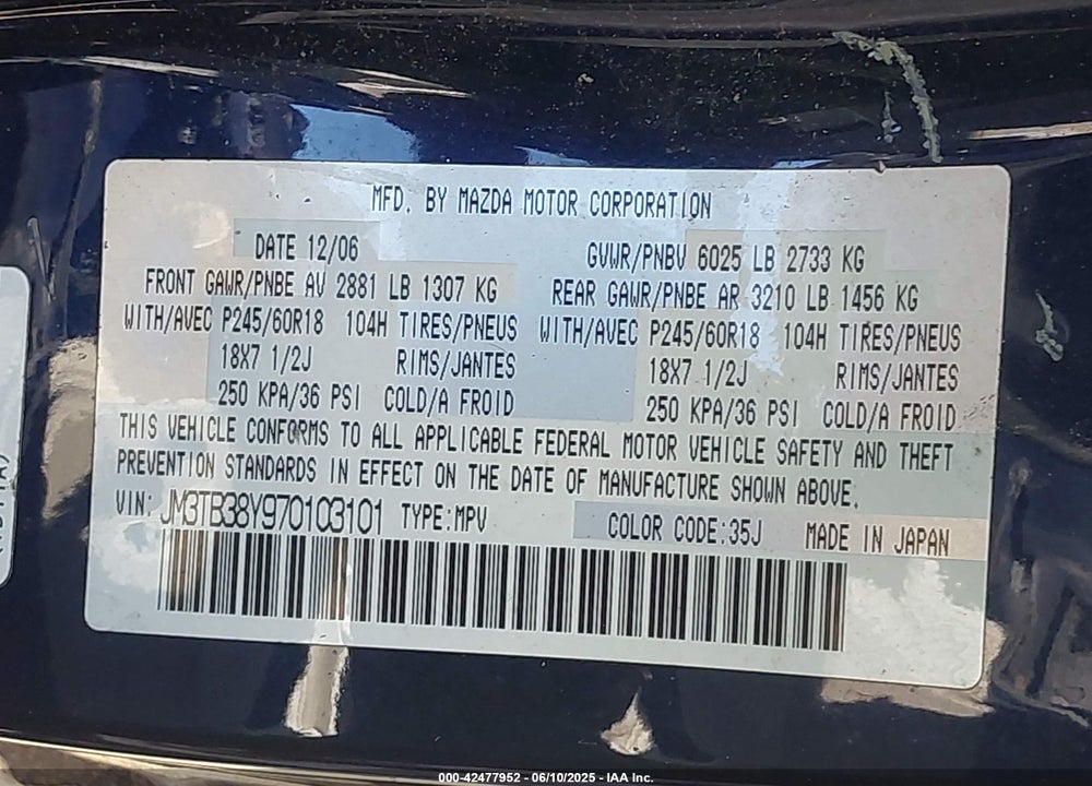 2007 MAZDA CX-9 VIN: JM3TB38Y970103101