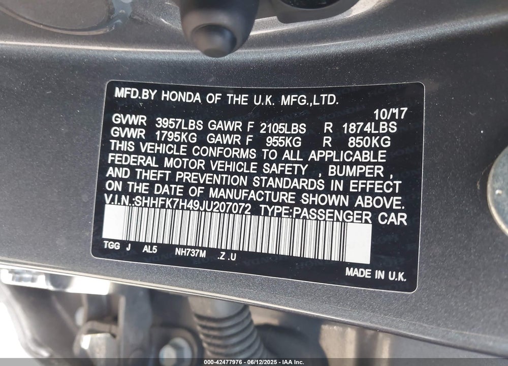 2018 HONDA CIVIC SPORT VIN: SHHFK7H49JU207072