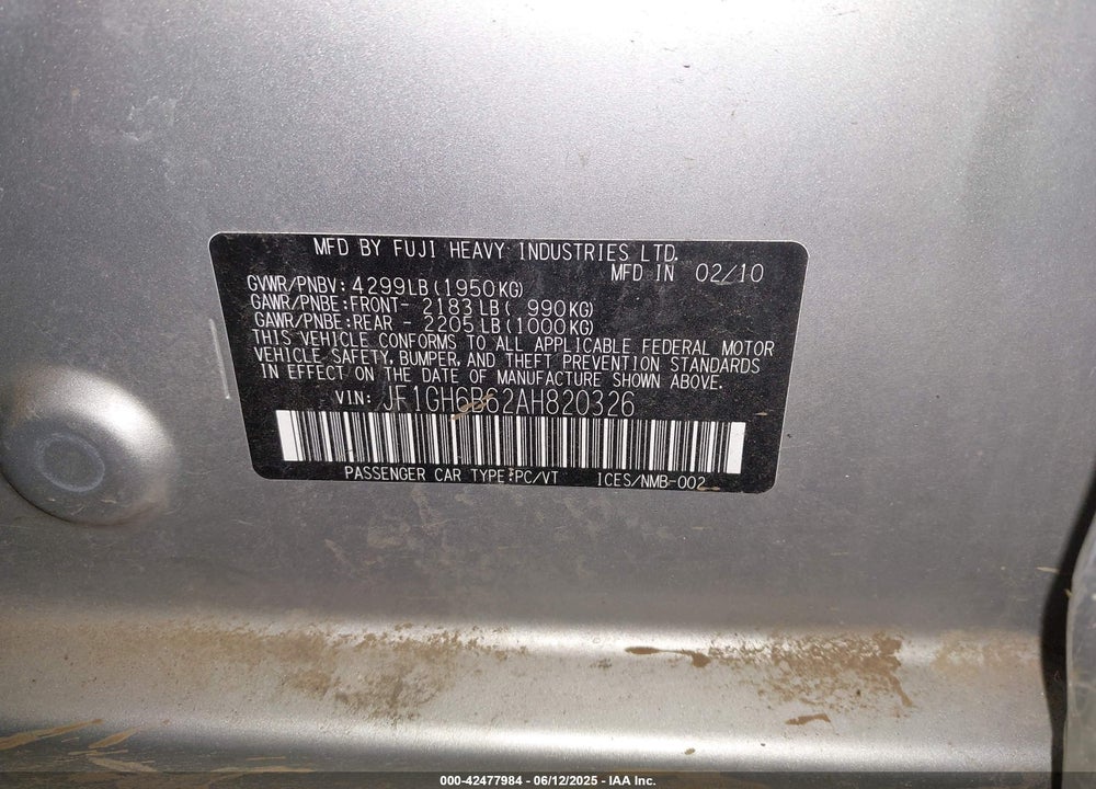 2010 SUBARU IMPREZA 2.5I PREMIUM VIN: JF1GH6B62AH820326