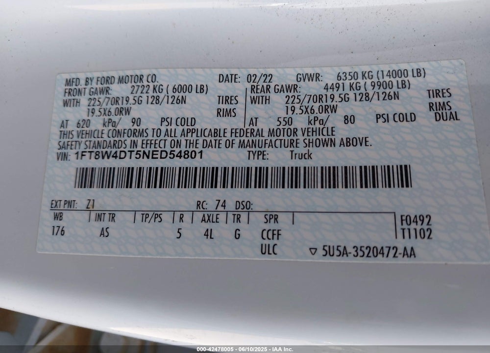 2022 FORD F-450 XL VIN: 1FT8W4DT5NED54801