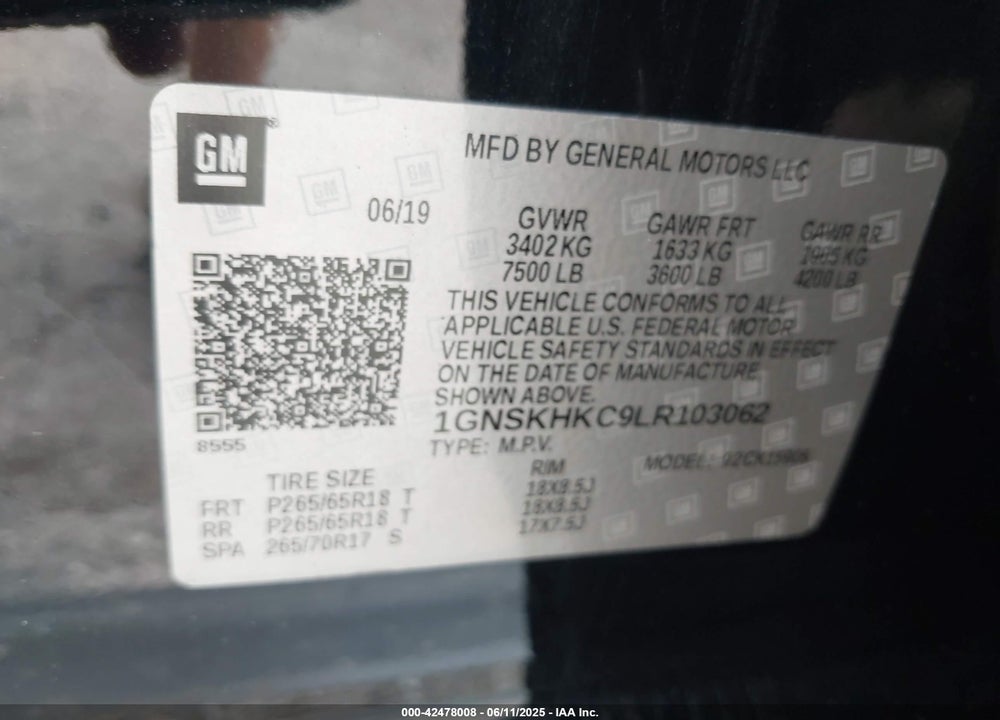 2020 CHEVROLET SUBURBAN VIN: 1GNSKHKC9LR103062