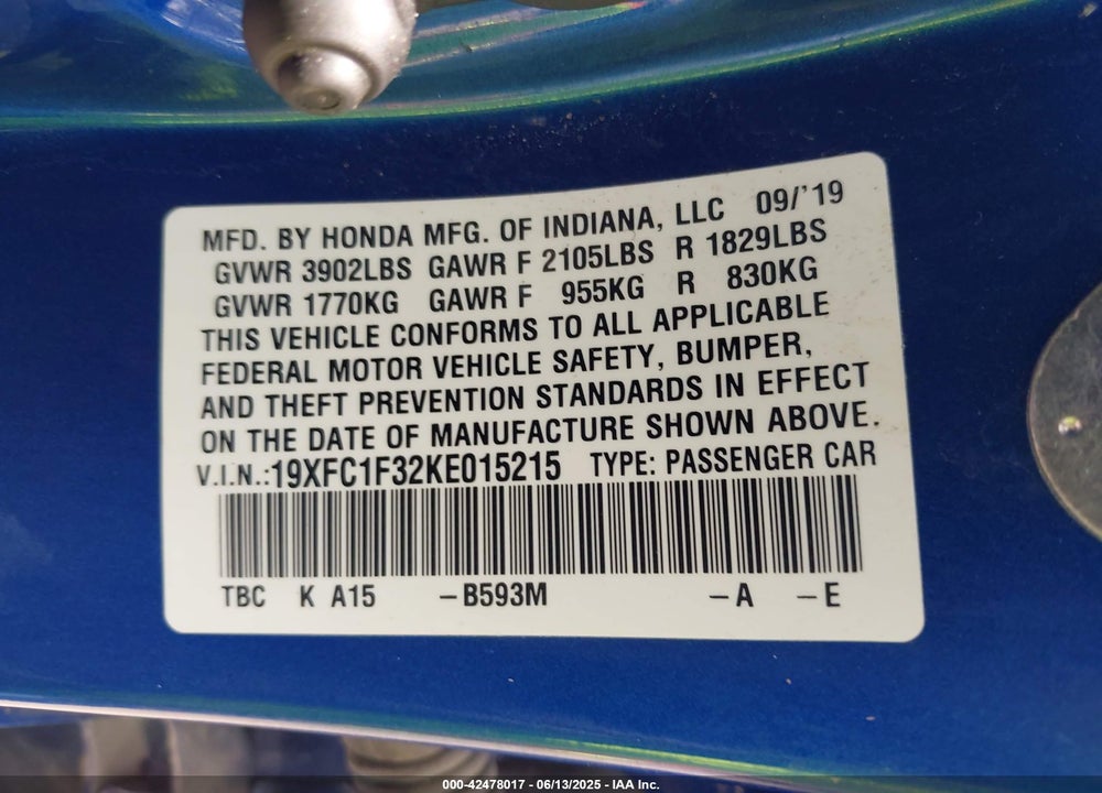 2019 HONDA CIVIC VIN: 19XFC1F32KE015215