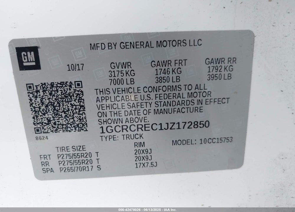 2018 CHEVROLET SILVERADO 1500 VIN: 1GCRCREC1JZ172850