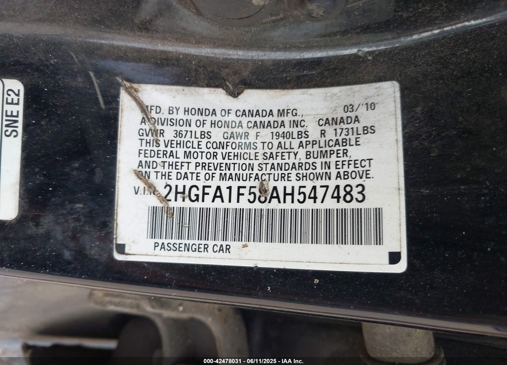 2010 HONDA CIVIC VIN: 2HGFA1F58AH547483