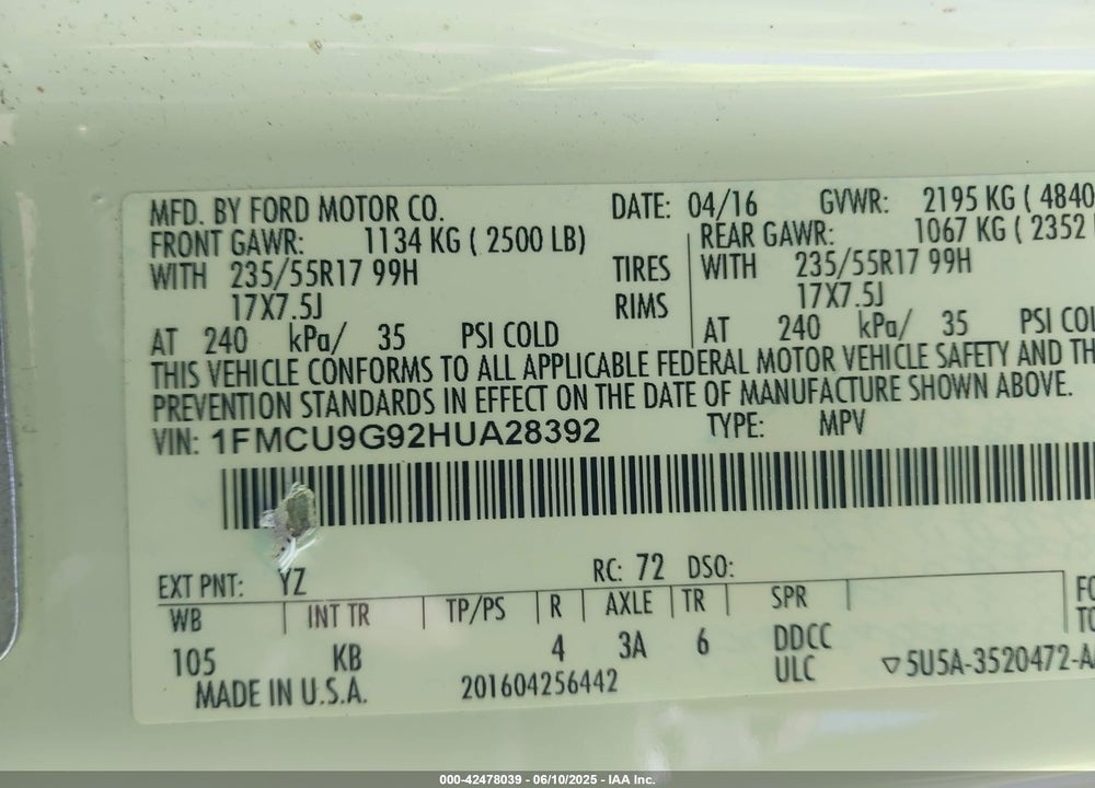 2017 FORD ESCAPE SE VIN: 1FMCU9G92HUA28392