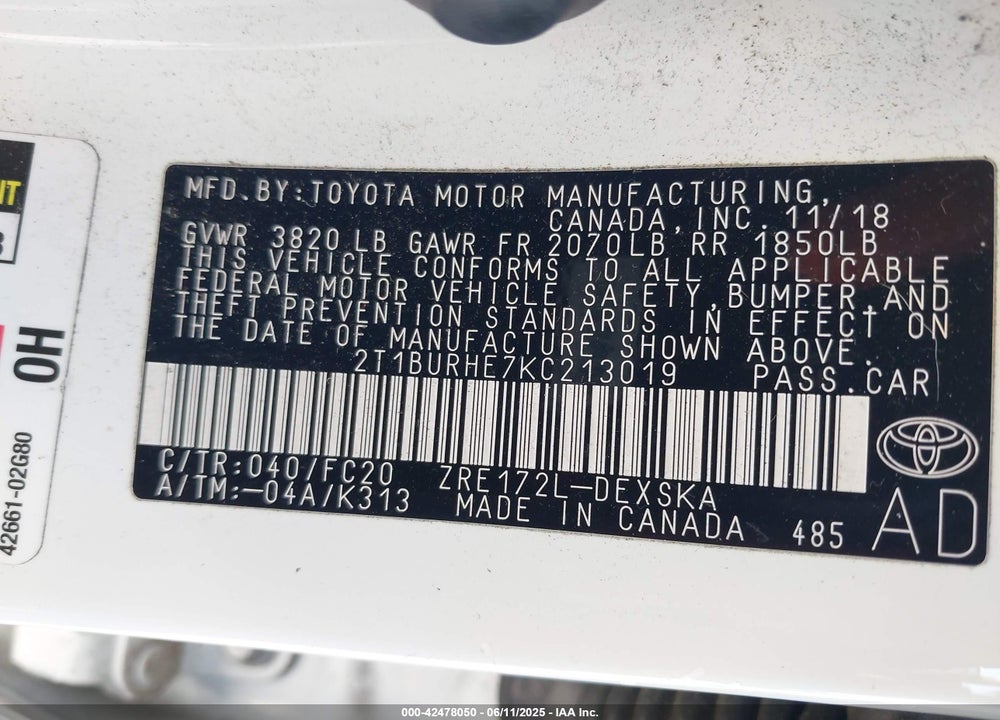2019 TOYOTA COROLLA SE VIN: 2T1BURHE7KC213019
