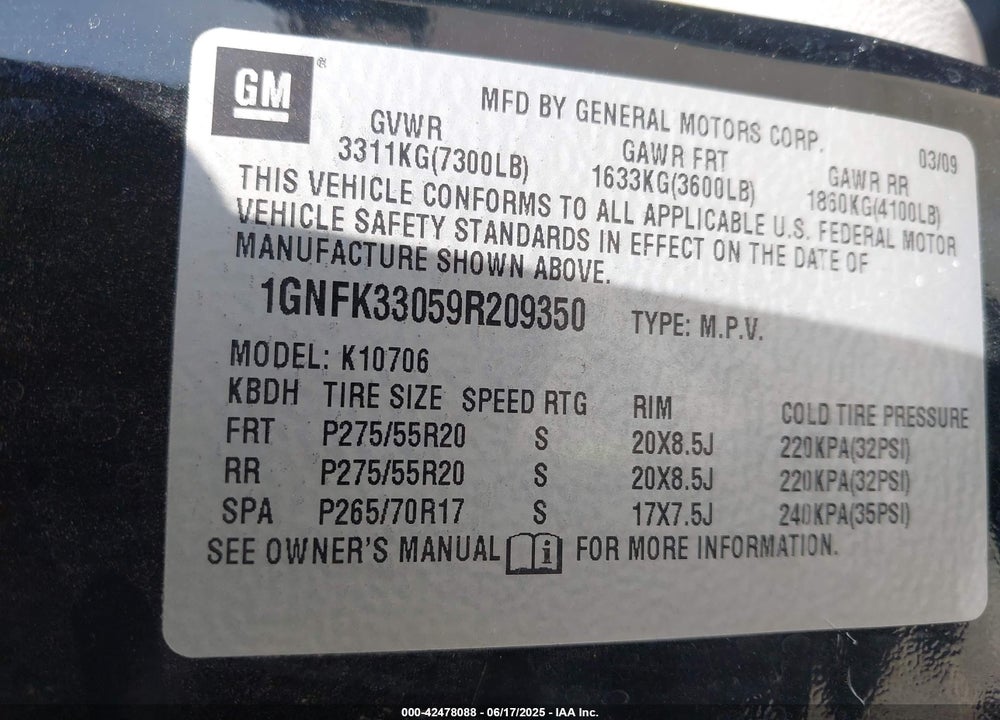 2009 CHEVROLET TAHOE VIN: 1GNFK33059R209350