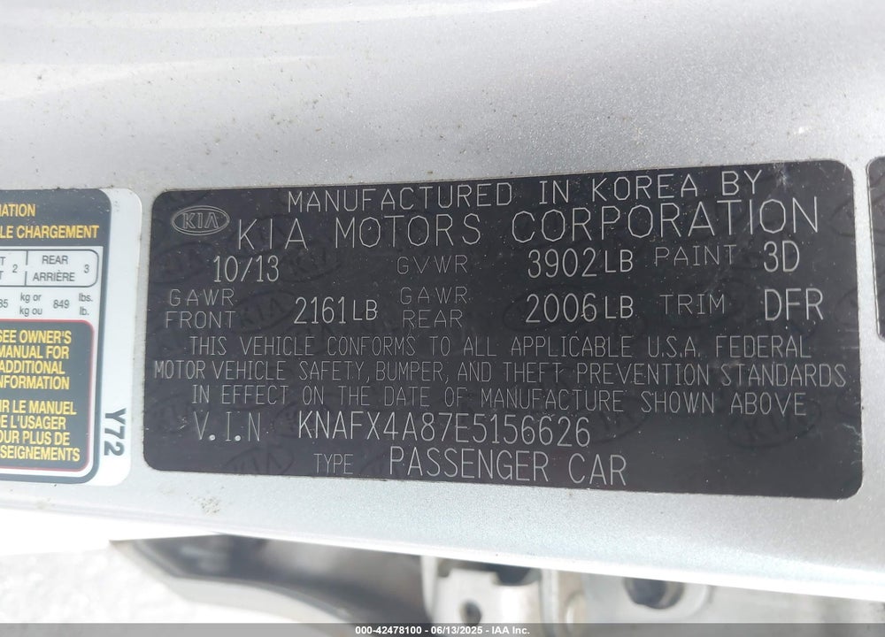 2014 KIA FORTE VIN: KNAFX4A87E5156626