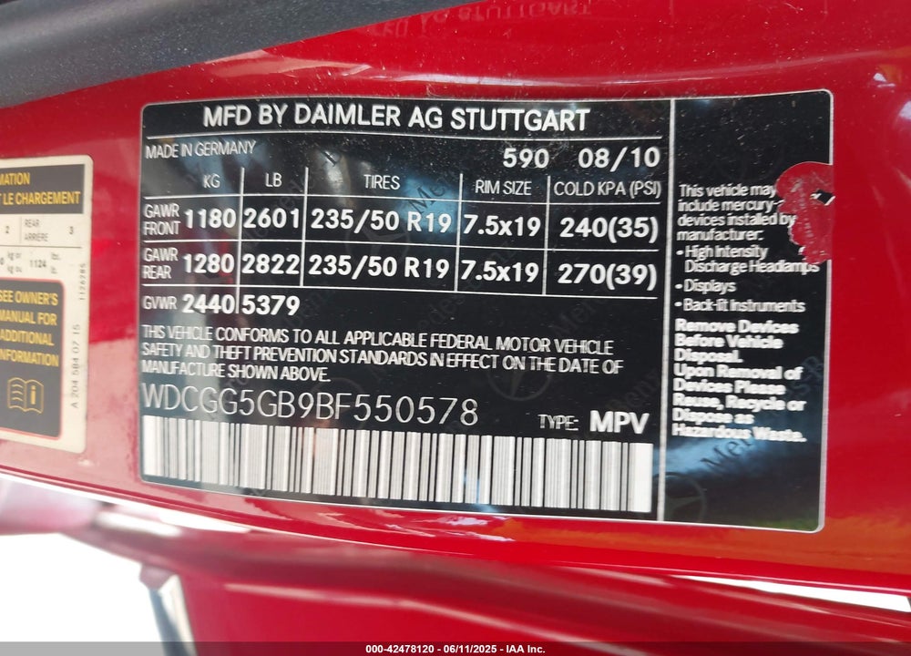 2011 MERCEDES-BENZ GLK VIN: WDCGG5GB9BF550578