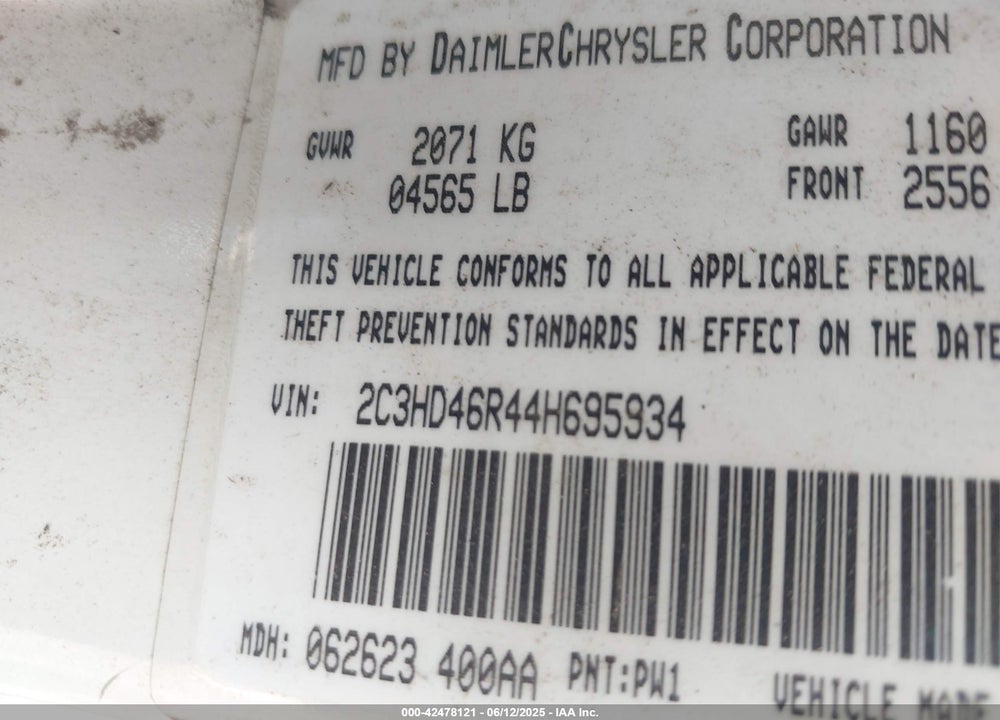 2004 CHRYSLER CONCORDE LX VIN: 2C3HD46R44H695934