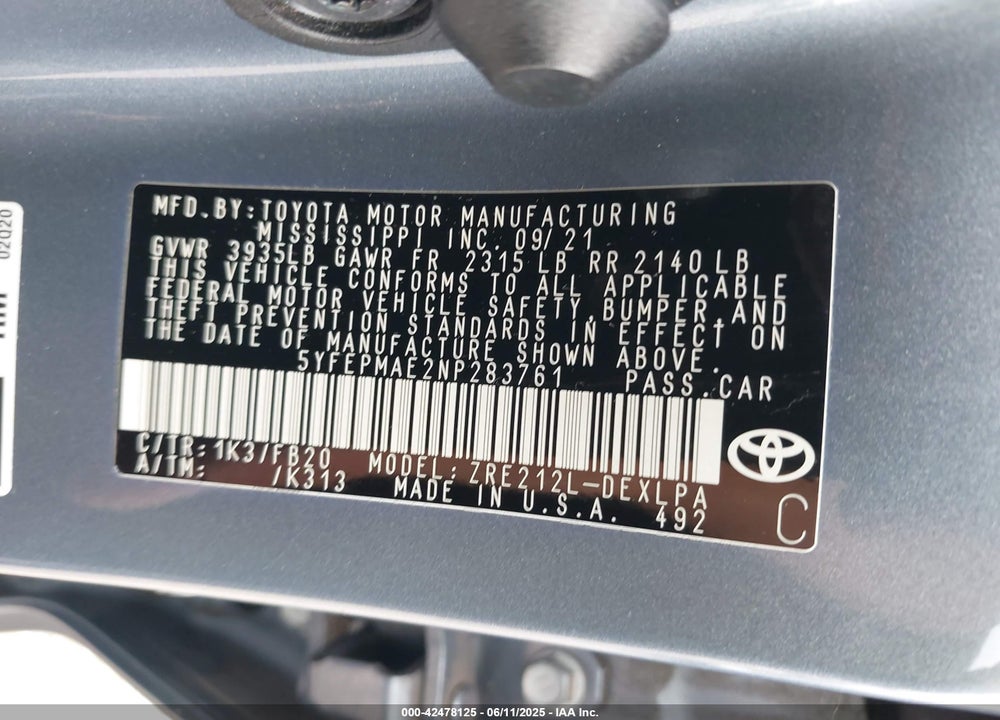 2022 TOYOTA COROLLA LE VIN: 5YFEPMAE2NP283761