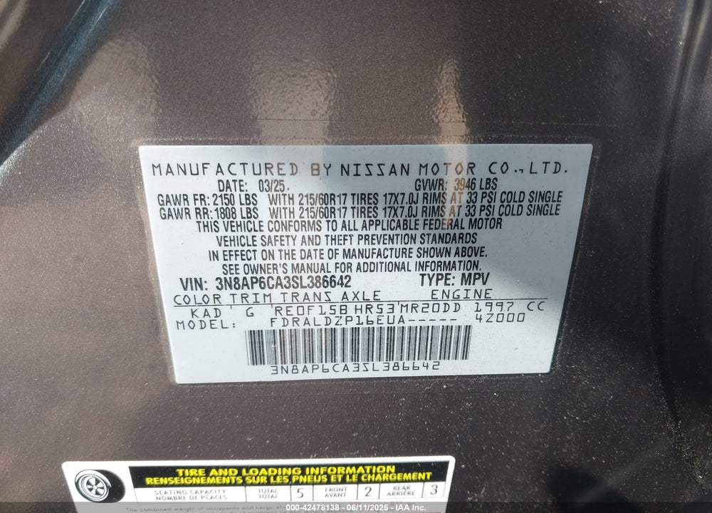 2025 NISSAN KICKS VIN: 3N8AP6CA3SL386642