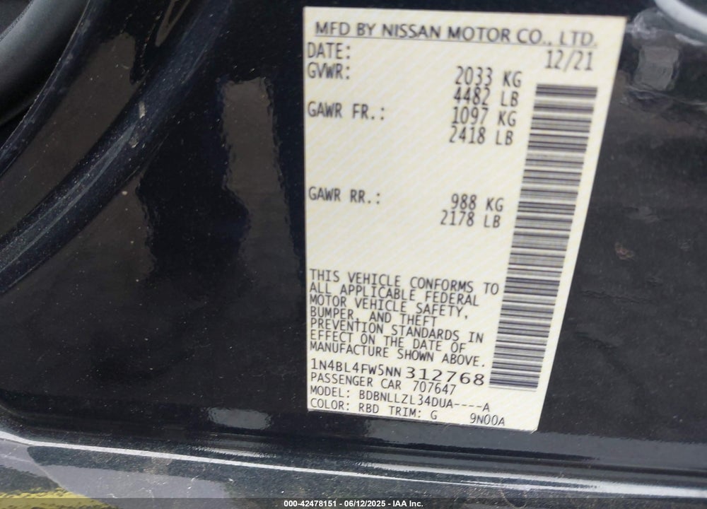 2022 NISSAN ALTIMA PLATINUM INTELLIGENT AWD VIN: 1N4BL4FW5NN312768