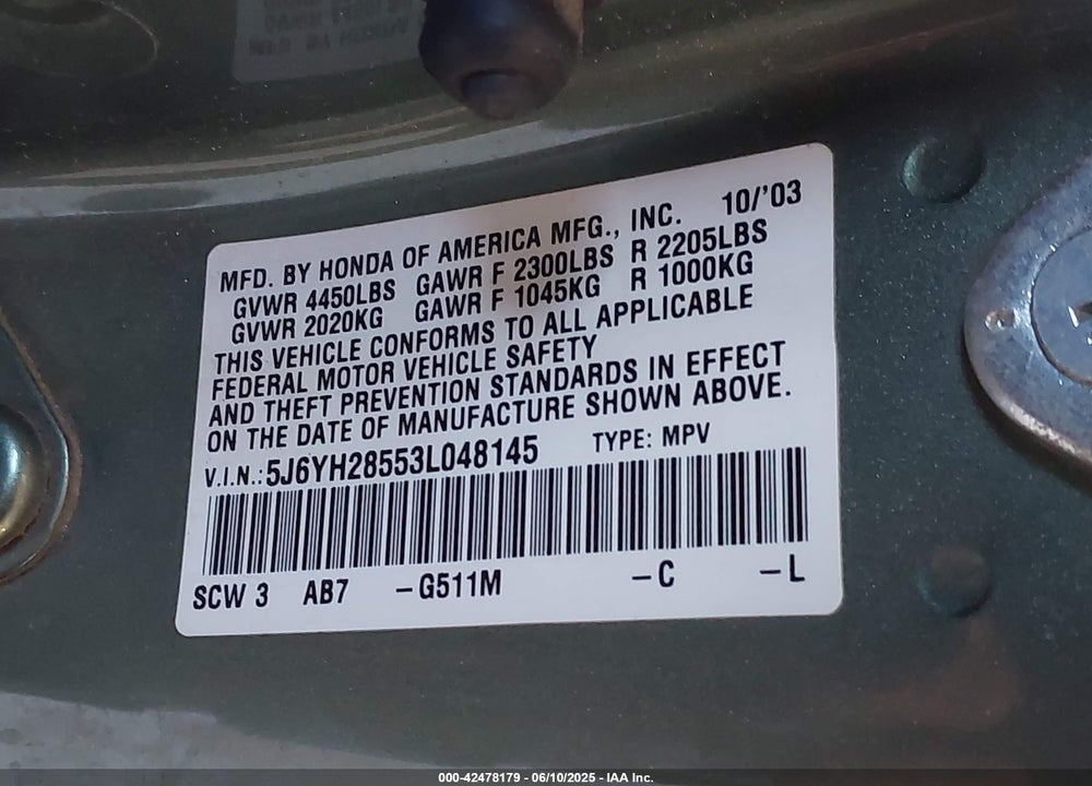2003 HONDA ELEMENT EX VIN: 5J6YH28553L048145