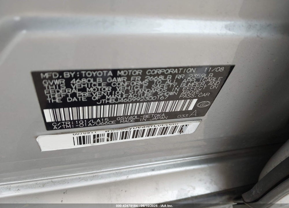 2009 LEXUS ES 350 VIN: JTHBJ46G992300167