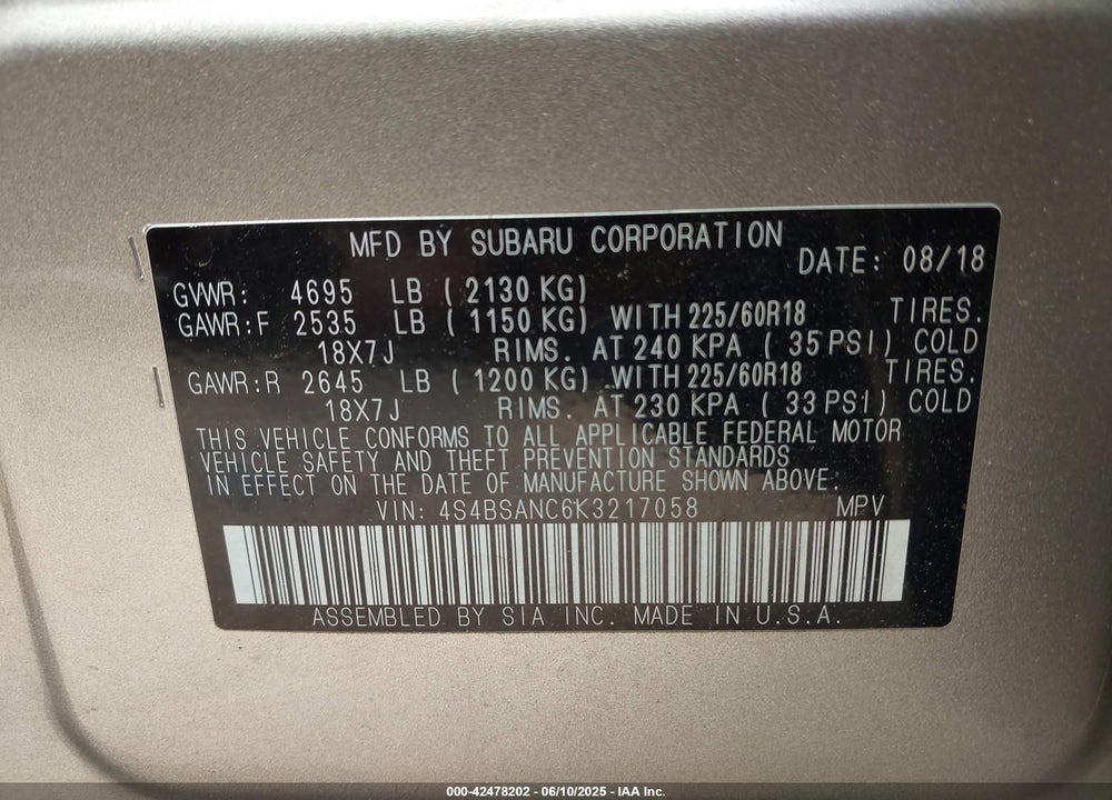 2019 SUBARU OUTBACK VIN: 4S4BSANC6K3217058