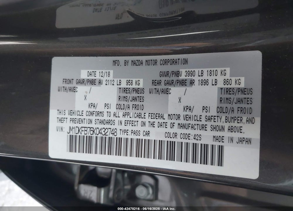 2019 MAZDA CX-3 SPORT VIN: JM1DKFB76K0432748