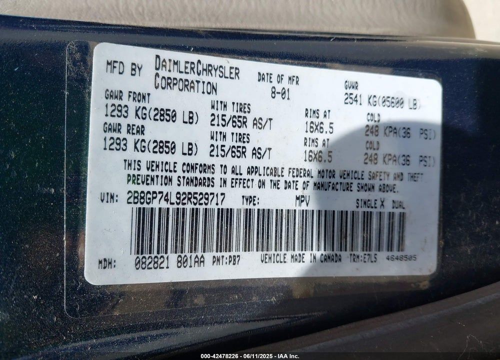 2002 DODGE GRAND CARAVAN EX VIN: 2B8GP74L92R529717