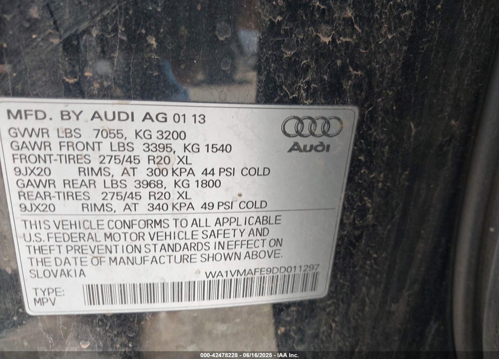 2013 AUDI Q7 VIN: WA1VMAFE9DD011297