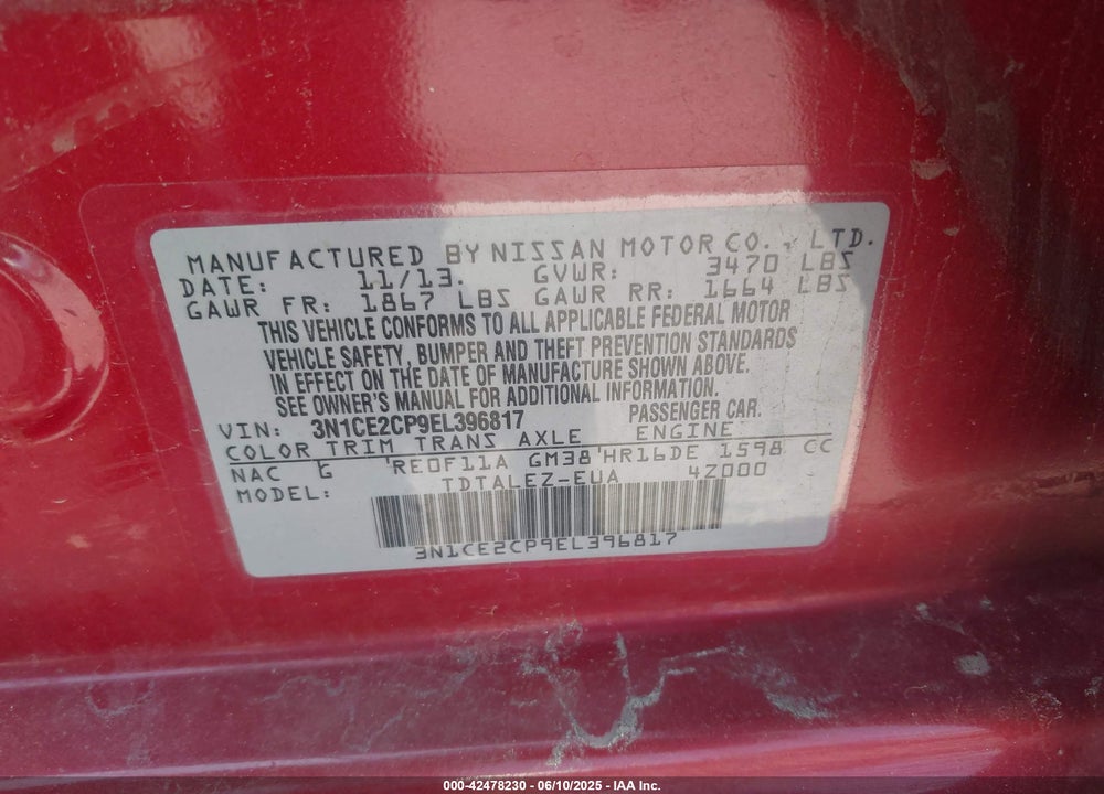 2014 NISSAN VERSA NOTE SV VIN: 3N1CE2CP9EL396817