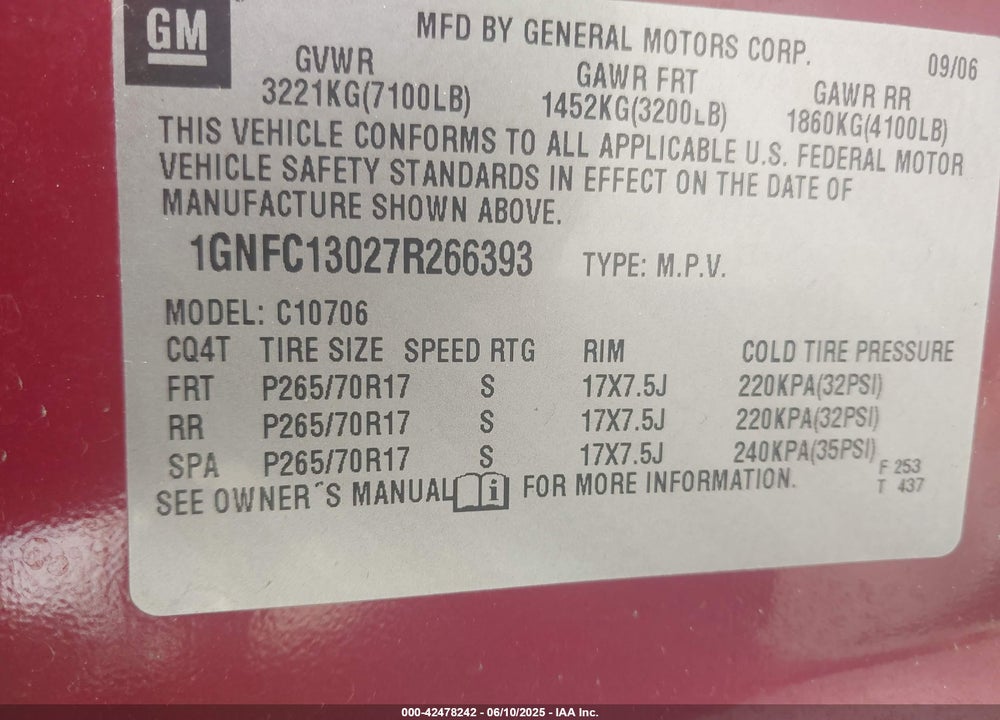 2007 CHEVROLET TAHOE VIN: 1GNFC13027R266393