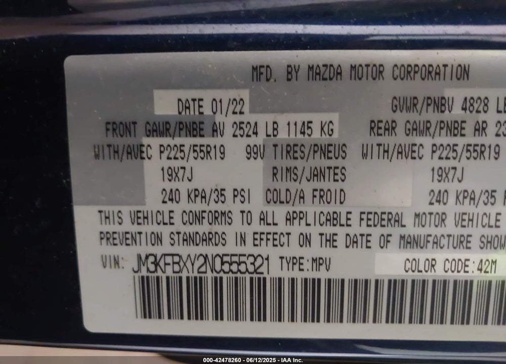 2022 MAZDA CX-5 VIN: JM3KFBXY2N0555321