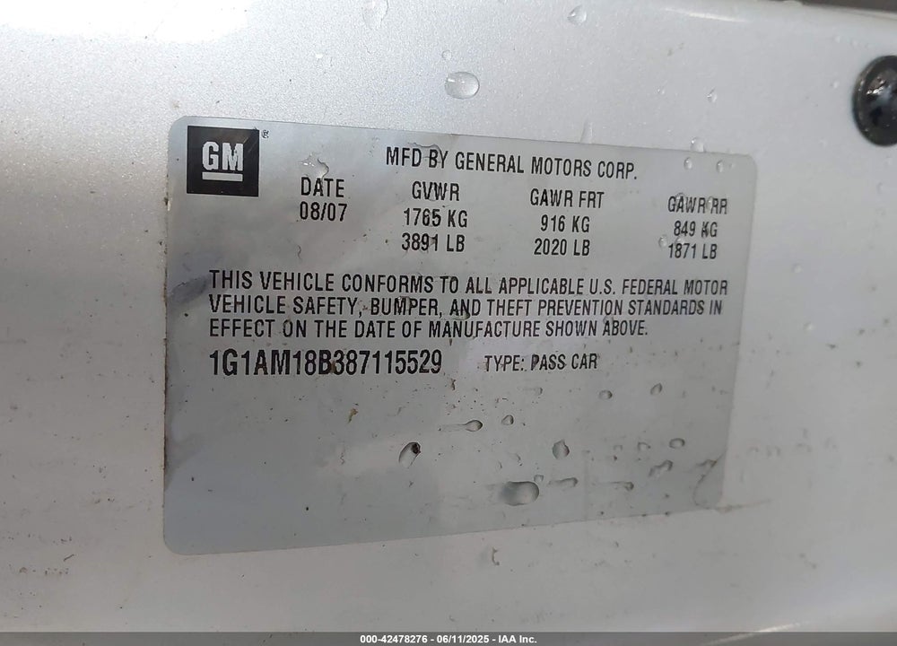 2008 CHEVROLET COBALT SPORT VIN: 1G1AM18B387115529