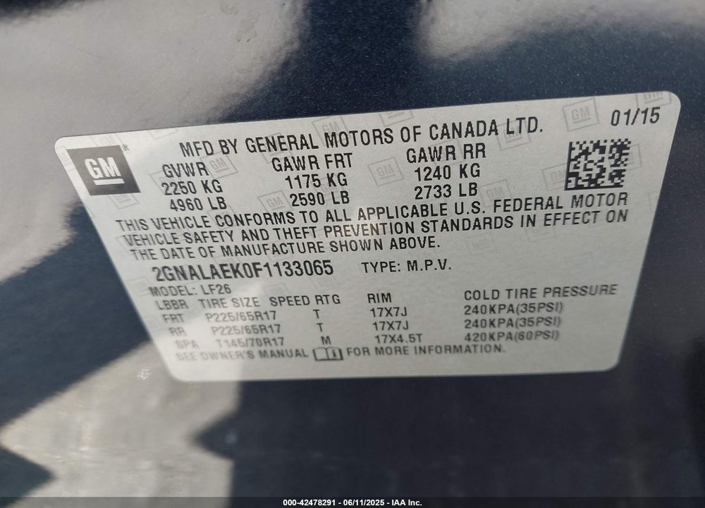 2015 CHEVROLET EQUINOX VIN: 2GNALAEK0F1133065