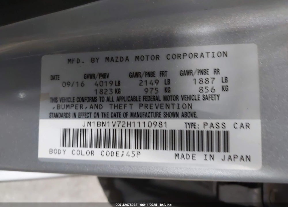 2017 MAZDA MAZDA3 VIN: JM1BN1V72H1110981