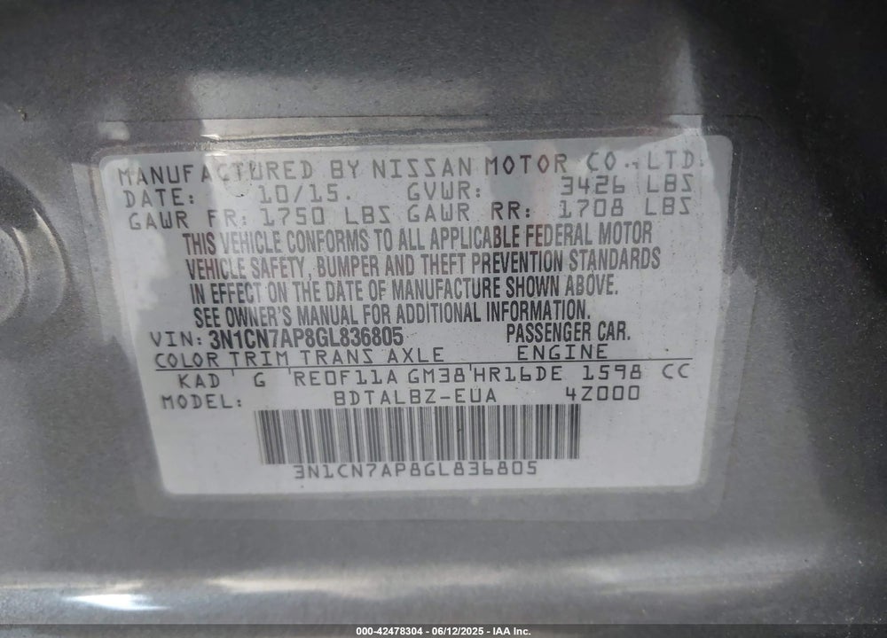 2016 NISSAN VERSA 1.6 SV VIN: 3N1CN7AP8GL836805