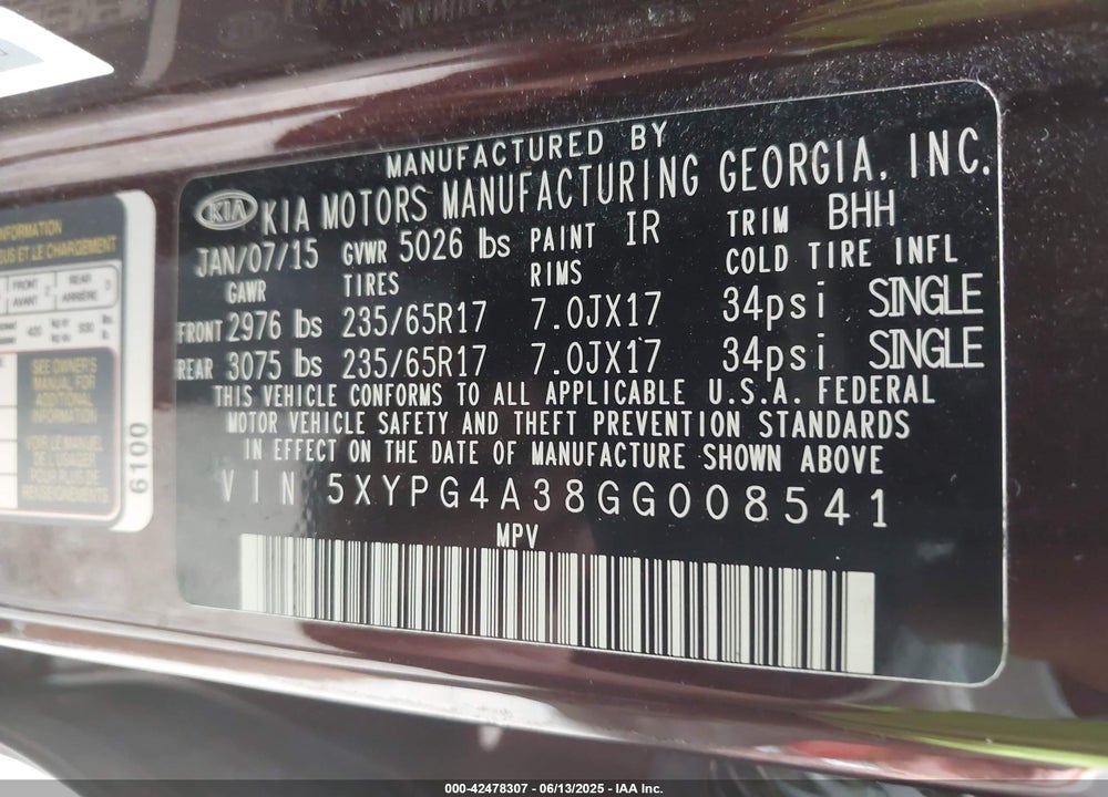 2016 KIA SORENTO VIN: 5XYPG4A38GG008541