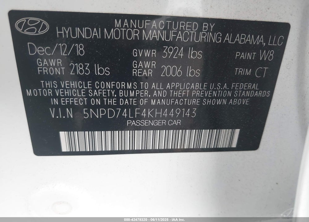 2019 HYUNDAI ELANTRA SE VIN: 5NPD74LF4KH449143