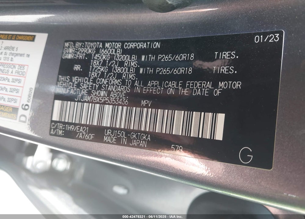 2023 LEXUS GX 460 PREMIUM VIN: JTJAM7BX5P5353436