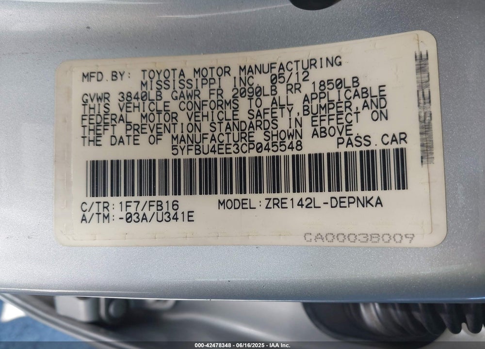 2012 TOYOTA COROLLA VIN: 5YFBU4EE3CP045548