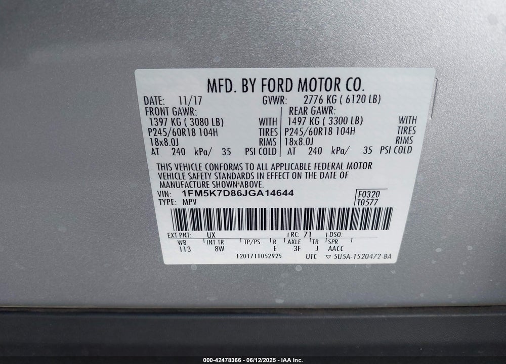 2018 FORD EXPLORER VIN: 1FM5K7D86JGA14644