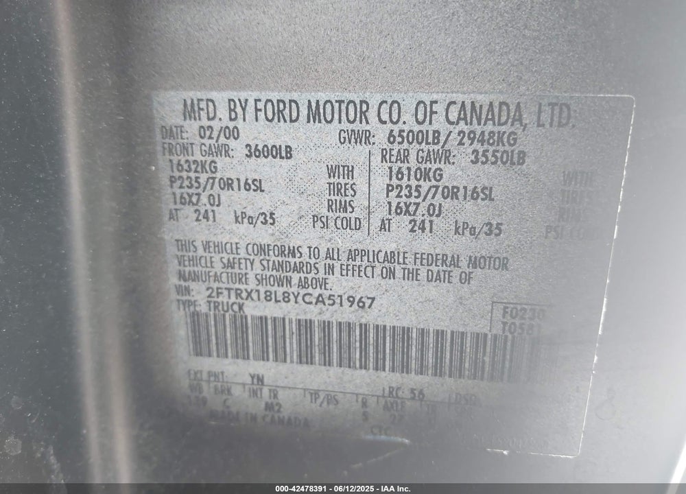 2000 FORD F-150 LARIAT/WORK SERIES/XL/XLT VIN: 2FTRX18L8YCA51967