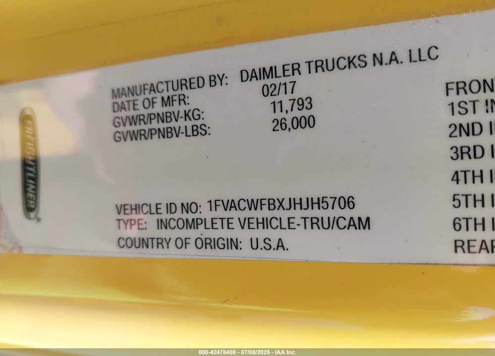 2018 FREIGHTLINER M2 106 VIN: 1FVACWFBXJHJH5706