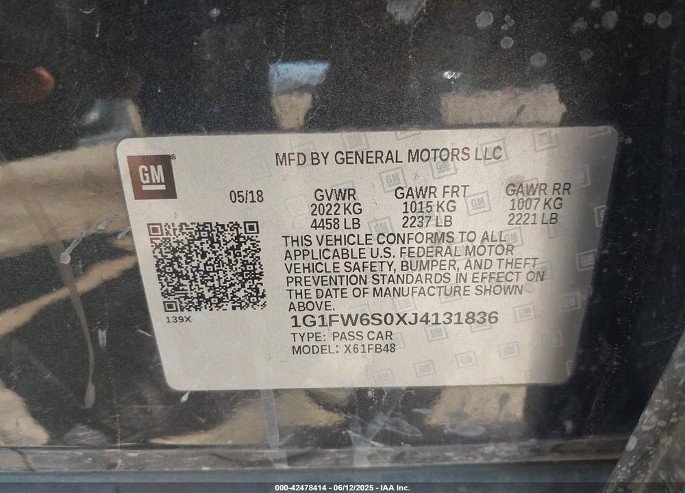 2018 CHEVROLET BOLT EV VIN: 1G1FW6S0XJ4131836