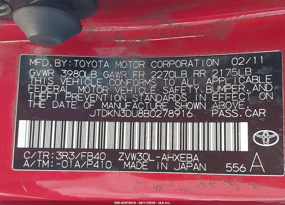 2011 TOYOTA PRIUS TWO VIN: JTDKN3DU8B0278916