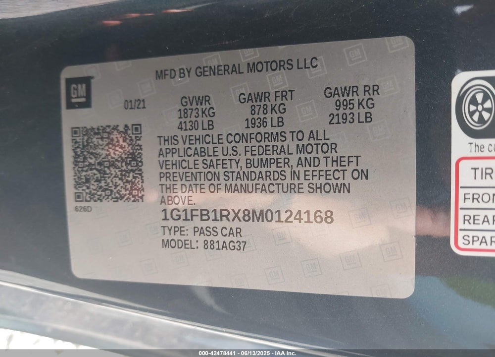 2021 CHEVROLET CAMARO VIN: 1G1FB1RX8M0124168