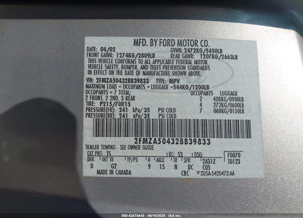 2002 FORD WINDSTAR LX VIN: 2FMZA50432BB39833
