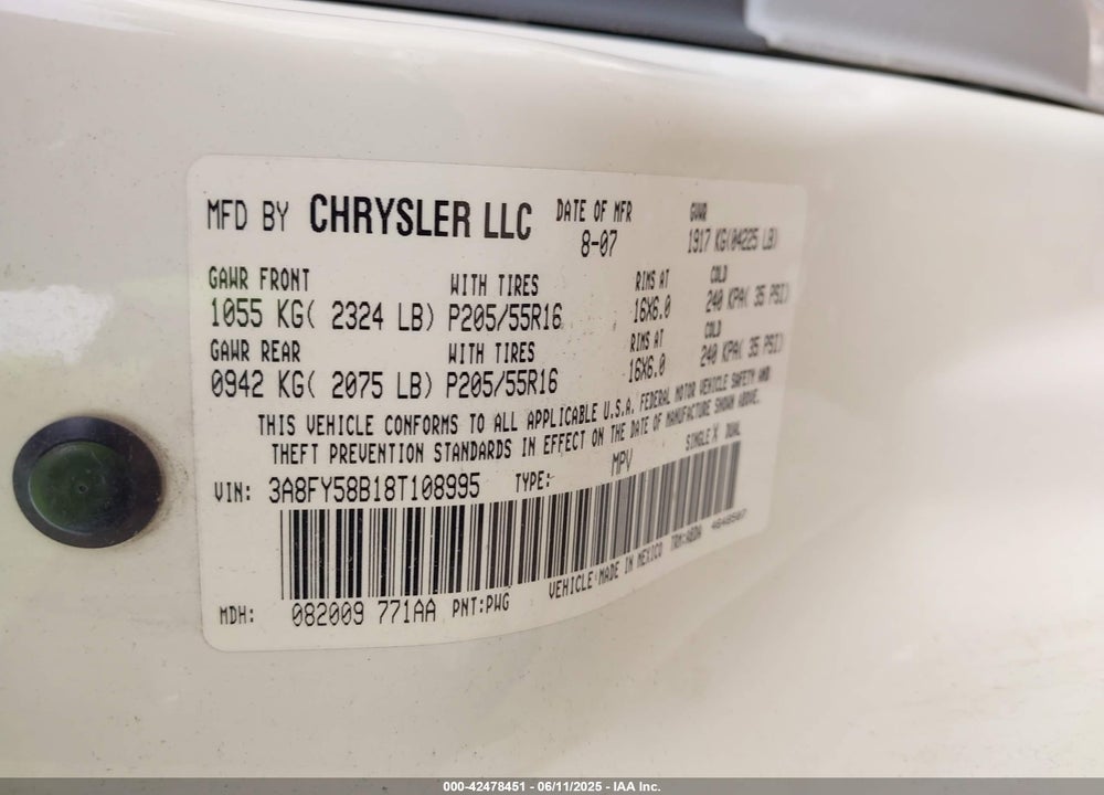 2008 CHRYSLER PT CRUISER VIN: 3A8FY58B18T108995