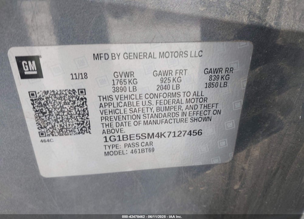 2019 CHEVROLET CRUZE LT VIN: 1G1BE5SM4K7127456