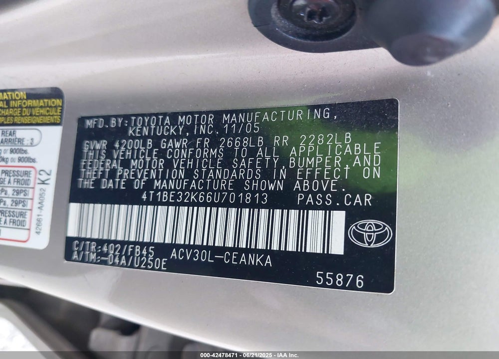 2006 TOYOTA CAMRY VIN: 4T1BE32K66U701813