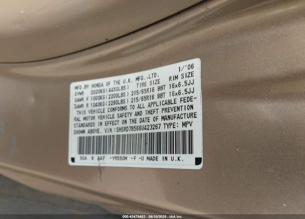2006 HONDA CR-V LX VIN: SHSRD78566U423267