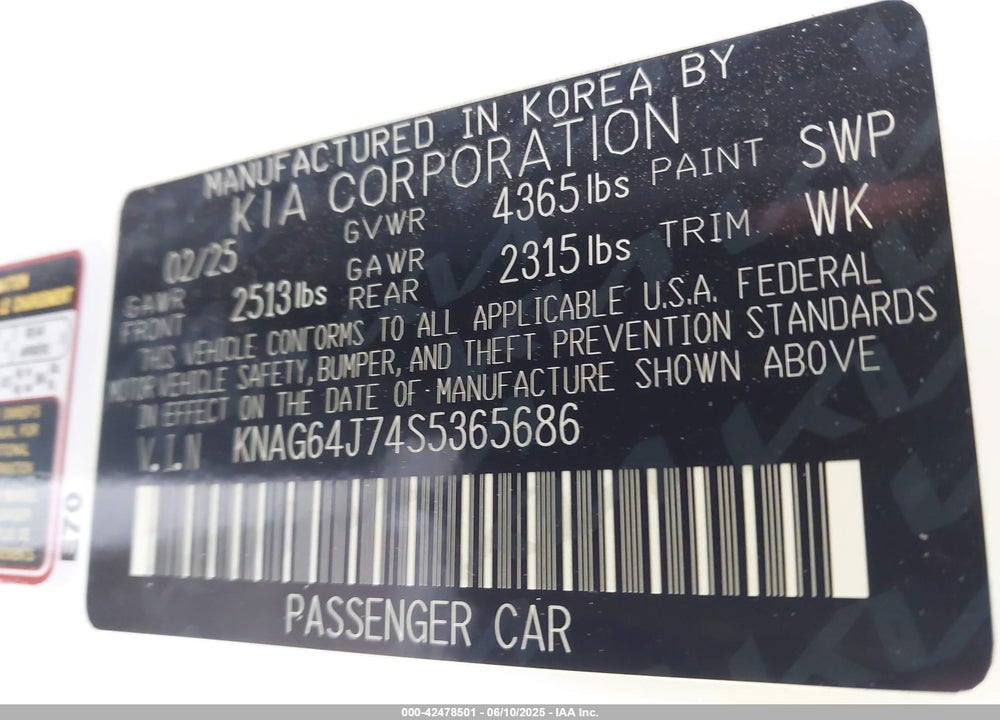 2025 KIA K5 VIN: KNAG64J74S5365686