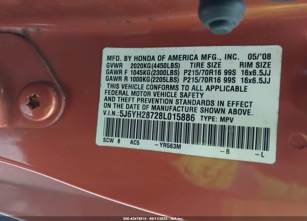 2008 HONDA ELEMENT EX VIN: 5J6YH28728L015886